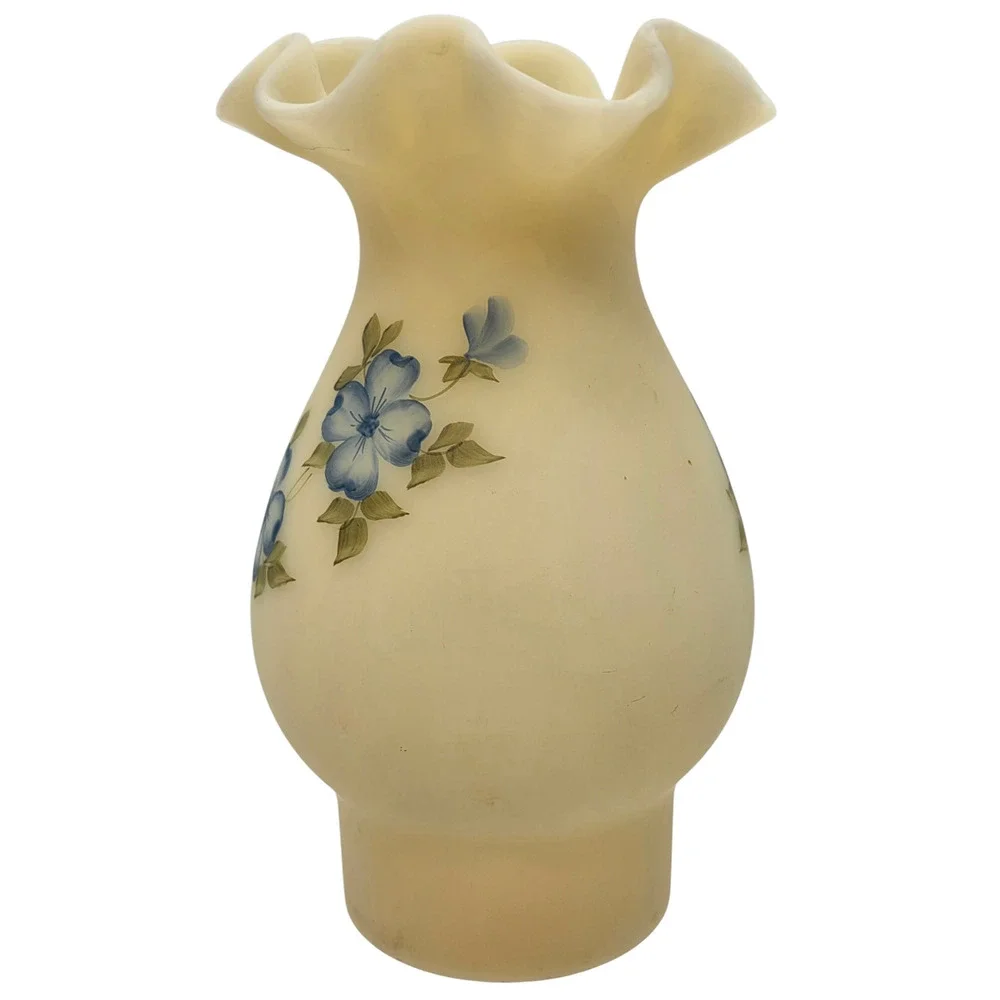 Fenton Glass Signed Globe for Hurricane Lamp Blue Dogwood On Satin Custard
